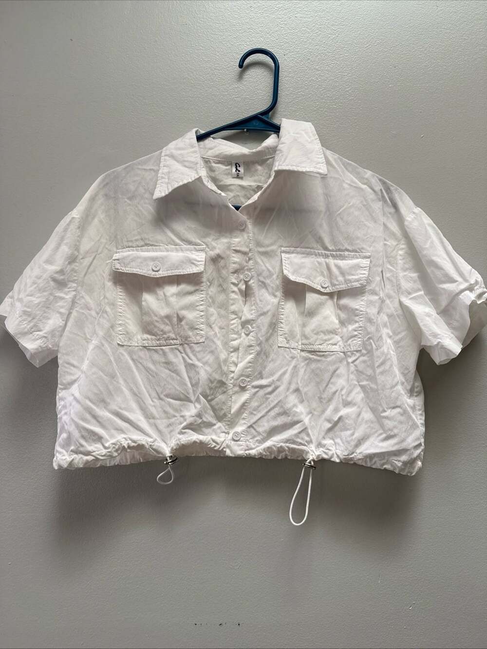 Button-Up Drawstring White Shirt Crop Utility Y2K Minimalist Techwear Streetwear